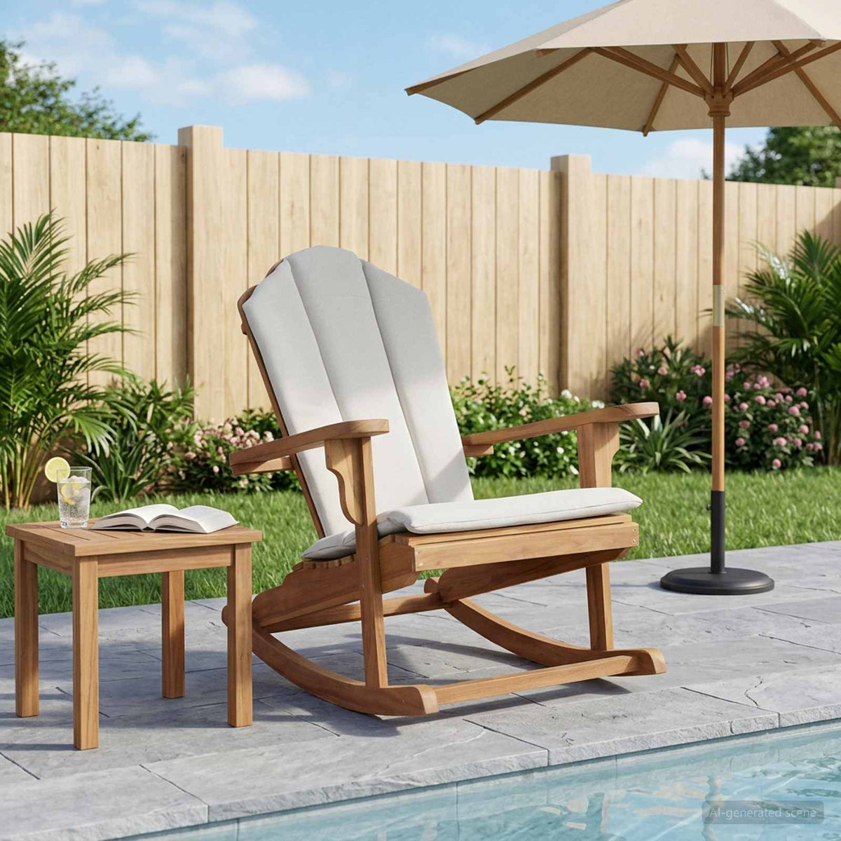 Garden Adirondack Rocking Chair Natural Solid Teak wood with cream cushion