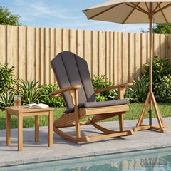 Garden Adirondack Rocking Chair Natural Solid Teak wood with dark grey cushion