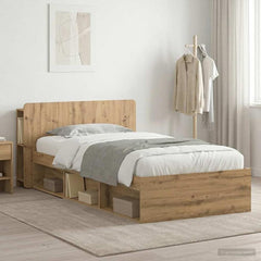 Bed Frame with Storage 90 x 190 cm Engineered Wood without Centre Shelf Artisan oak