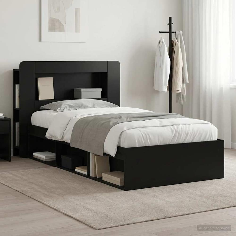 Bed Frame with Storage 90 x 190 cm Engineered Wood with Centre Shelf Black