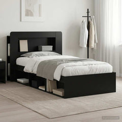 Bed Frame with Storage 90 x 190 cm Engineered Wood with Centre Shelf Black