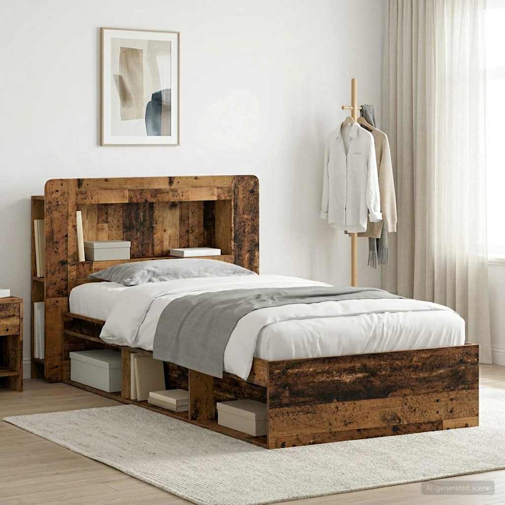 Bed Frame with Storage 90 x 190 cm Engineered Wood with Centre Shelf Old wood