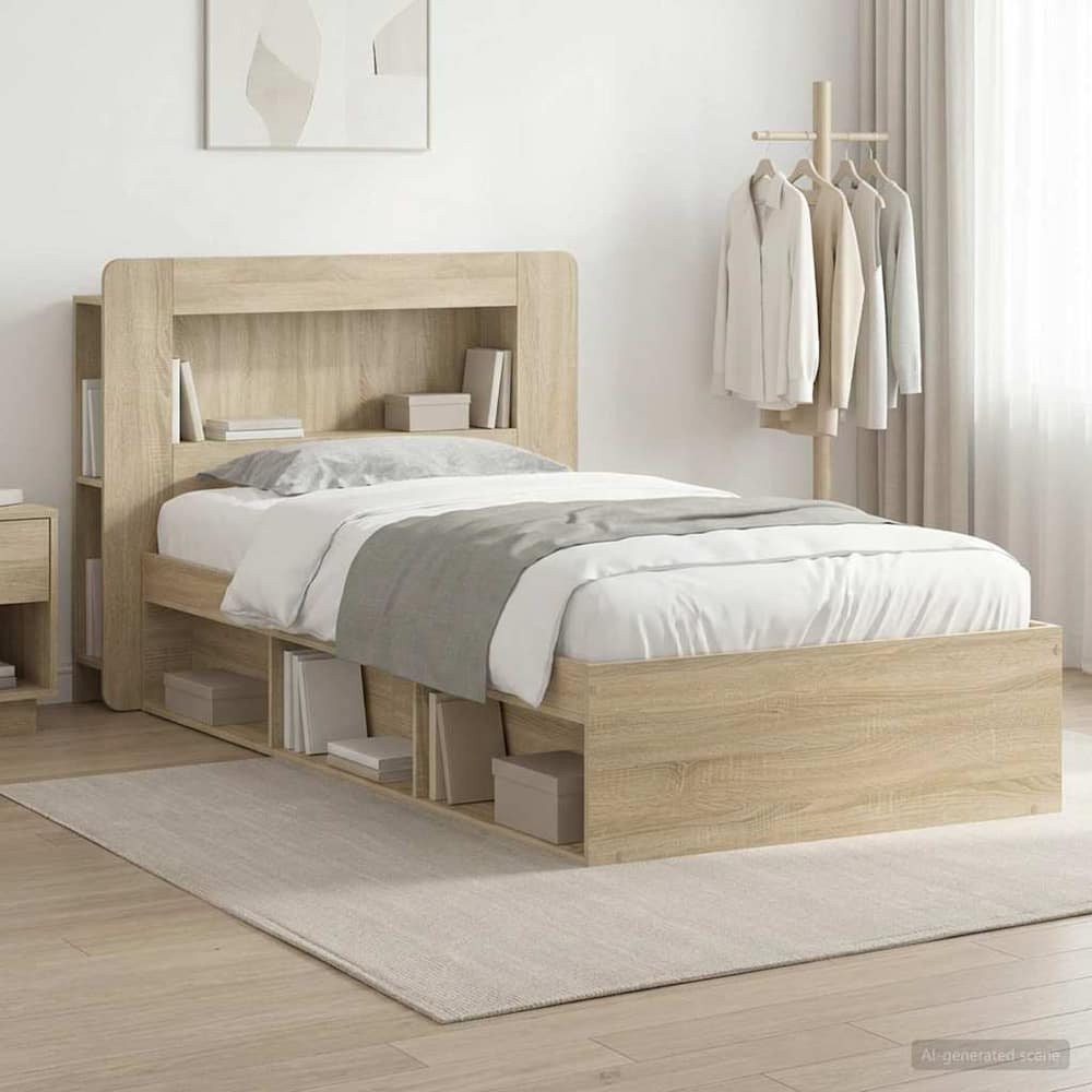 Bed Frame with Storage 90 x 190 cm Engineered Wood with Centre Shelf Sonoma oak