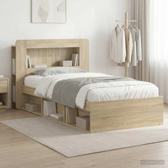 Bed Frame with Storage 90 x 190 cm Engineered Wood with Centre Shelf Sonoma oak
