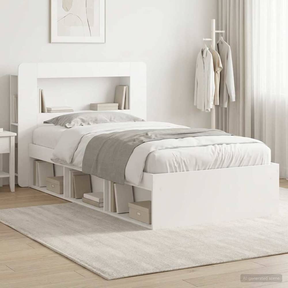 Bed Frame with Storage 90 x 190 cm Engineered Wood with Centre Shelf White