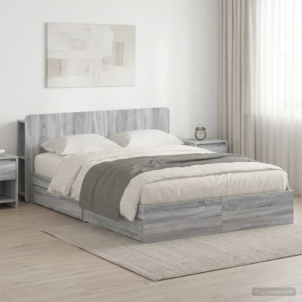 Bed Frame with Storage Engineered Wood Length 200 cm without Centre Shelf Grey sonoma 140 cm