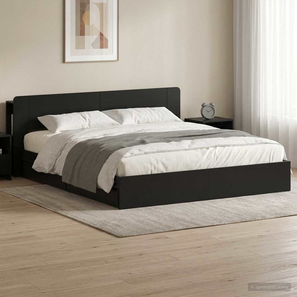 Bed Frame with Storage Engineered Wood Length 200 cm without Centre Shelf Black 200 cm