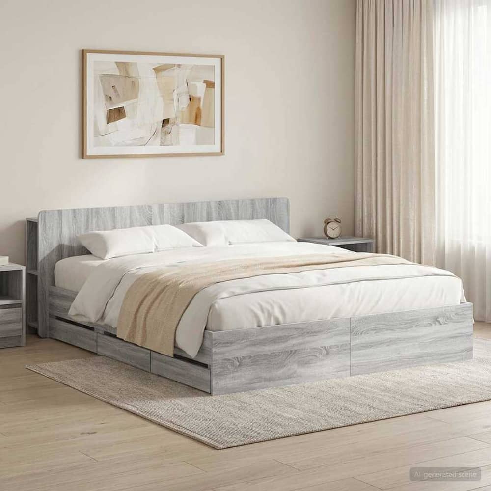 Bed Frame with Storage and Headboard Length 200 cm without Centre Shelf Grey Sonoma 180 cm