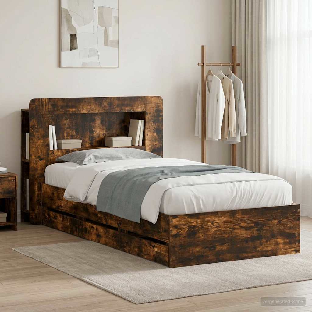 Bed Frame with Storage and Headboard Length 200 cm with Centre Shelf Smoked Oak 80 cm