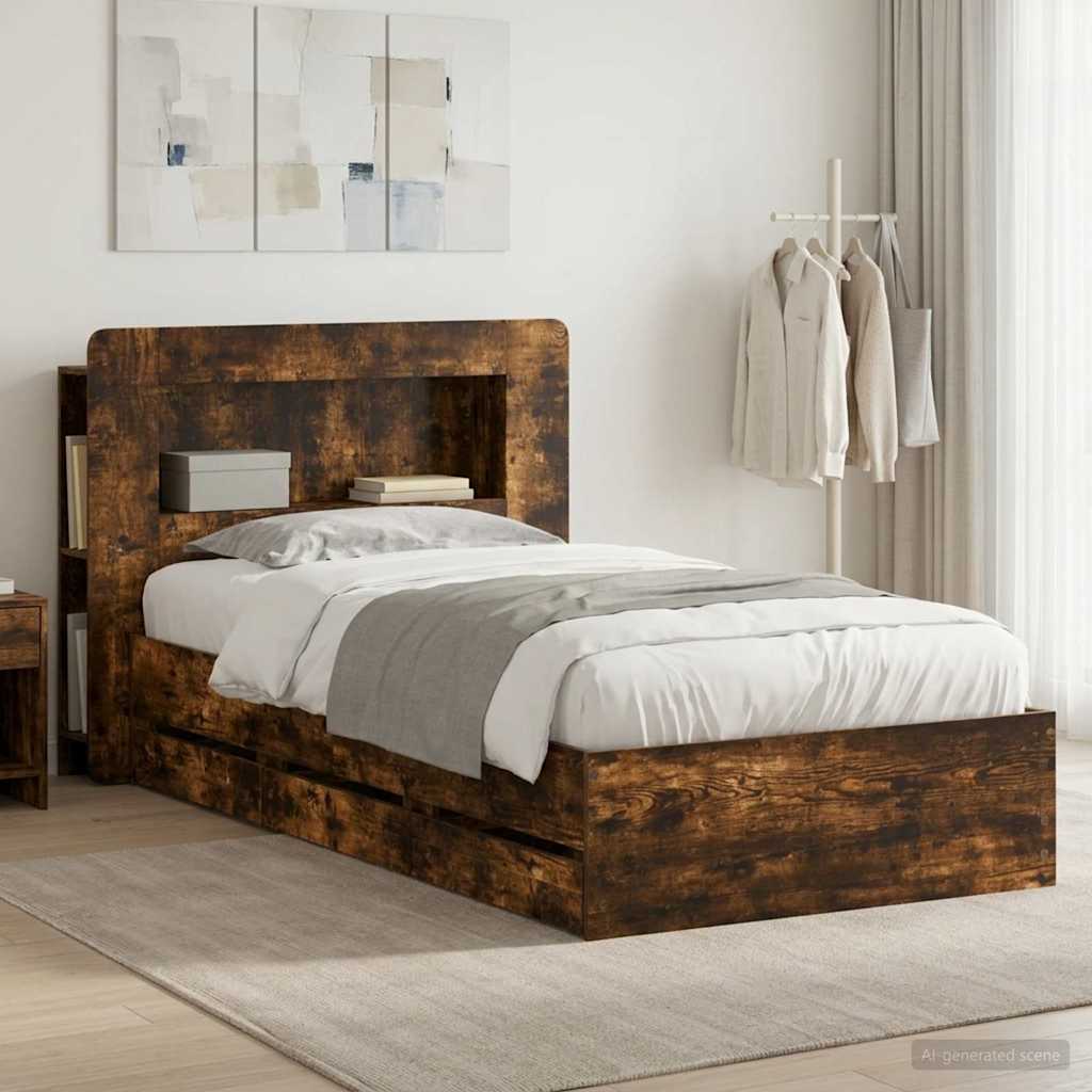 Bed Frame with Storage and Headboard Length 200 cm with Centre Shelf Smoked Oak 100 cm