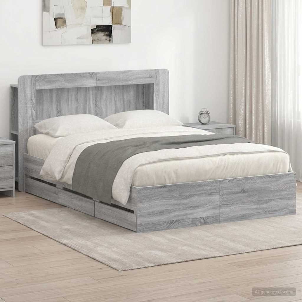 Bed Frame with Storage and Headboard Length 200 cm with Centre Shelf Grey Sonoma 160 cm