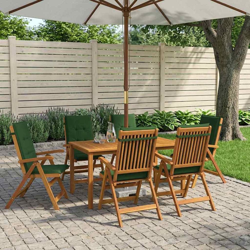 7-Piece Garden Dining Set Natural Solid Acacia Wood with green cushion 6
