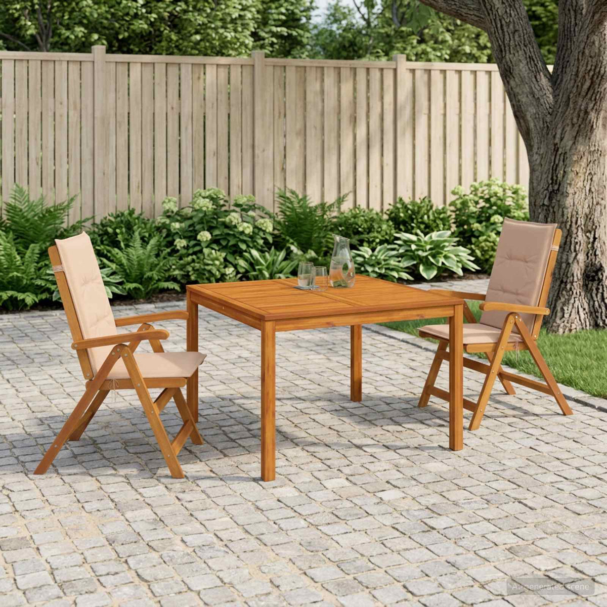 Garden Dining Set Natural Solid Acacia Wood with beige cushion 2