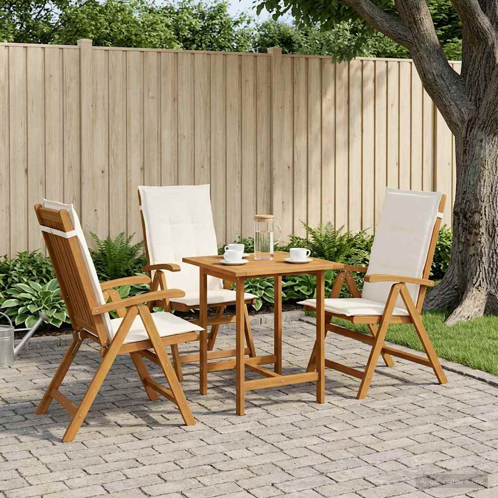 Reclining Garden Chairs Natural Solid Acacia Wood 3 pcs with cream white cushion