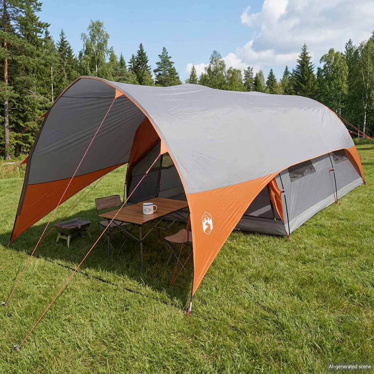 Tunnel Tent with Rainfly Water-Resistant 10-Person Grey and orange