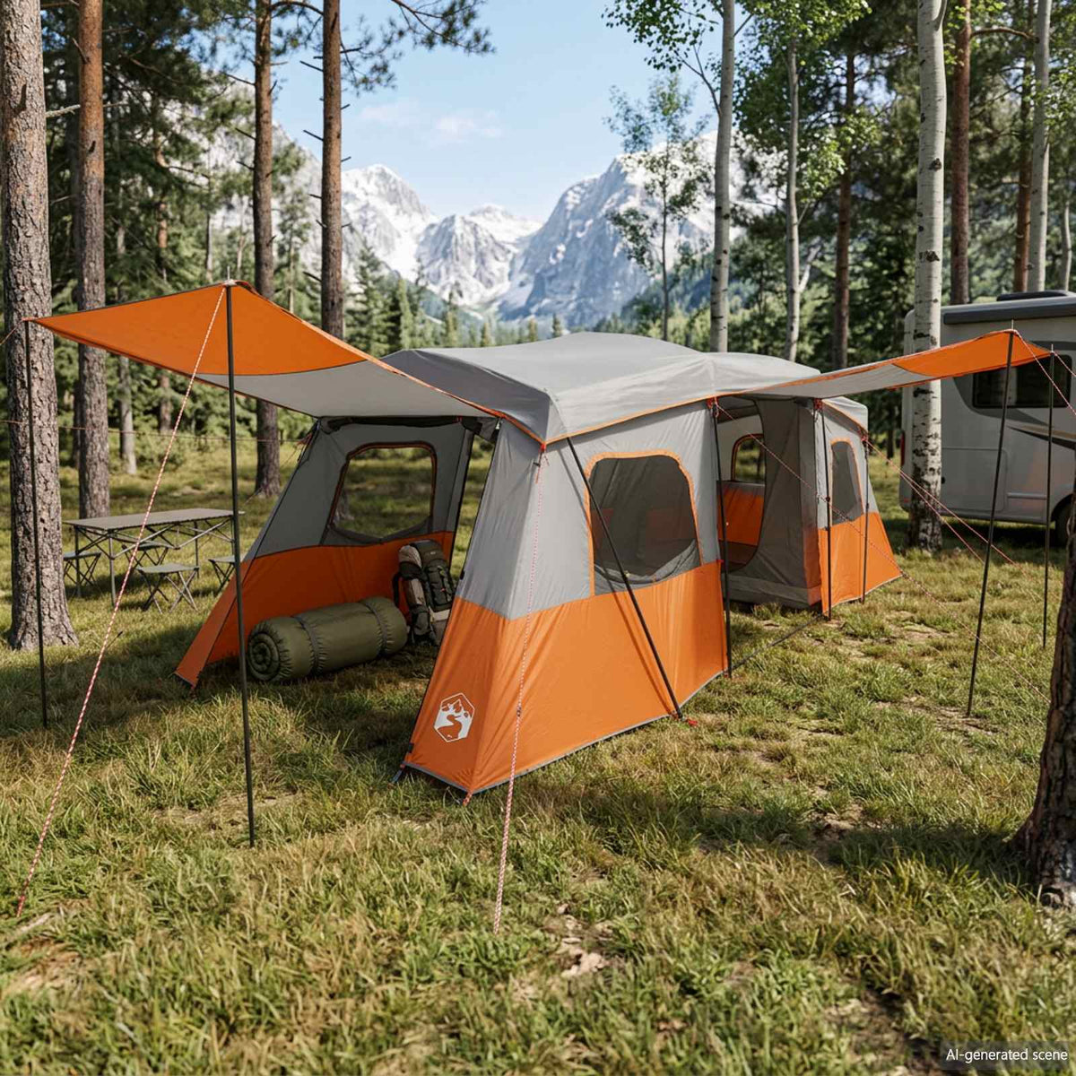 Instant Tent with Rainfly Water-Resistant 3-Person Grey and orange