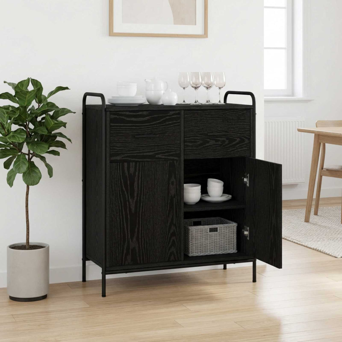 Sideboard 73 x 33 x 81 cm Engineered Wood with 2 Drawers & 2 Doors Black oak