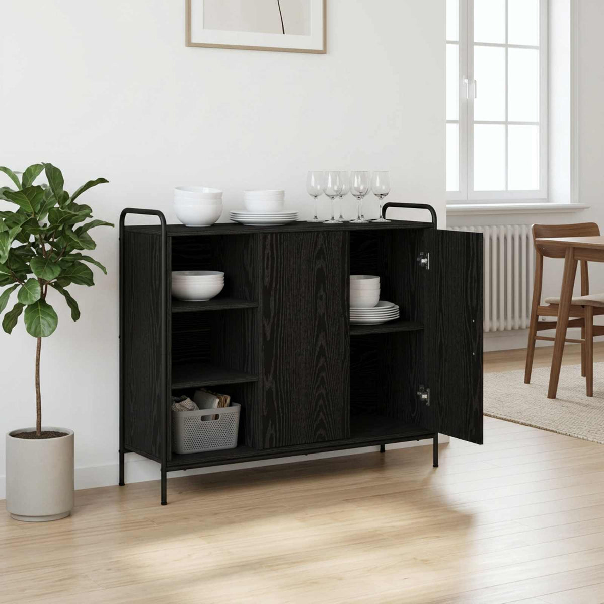 Sideboard 98.5 x 33 x 81 cm Engineered Wood Black oak with 2 shelves & 2 door