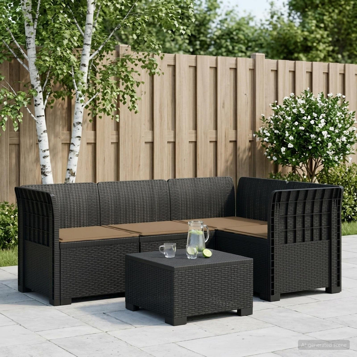 4-Seater Garden Sofa with Cushions Rattan Look PP Brown with Seat Cushion Anthracite and taupe