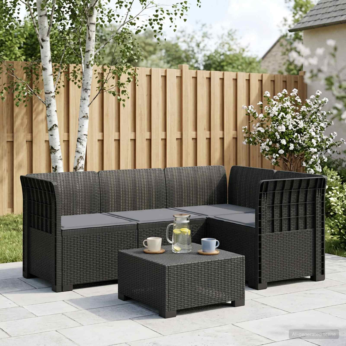 4-Seater Garden Sofa with Cushions Rattan Look PP Brown with Seat Cushion Anthracite and light grey