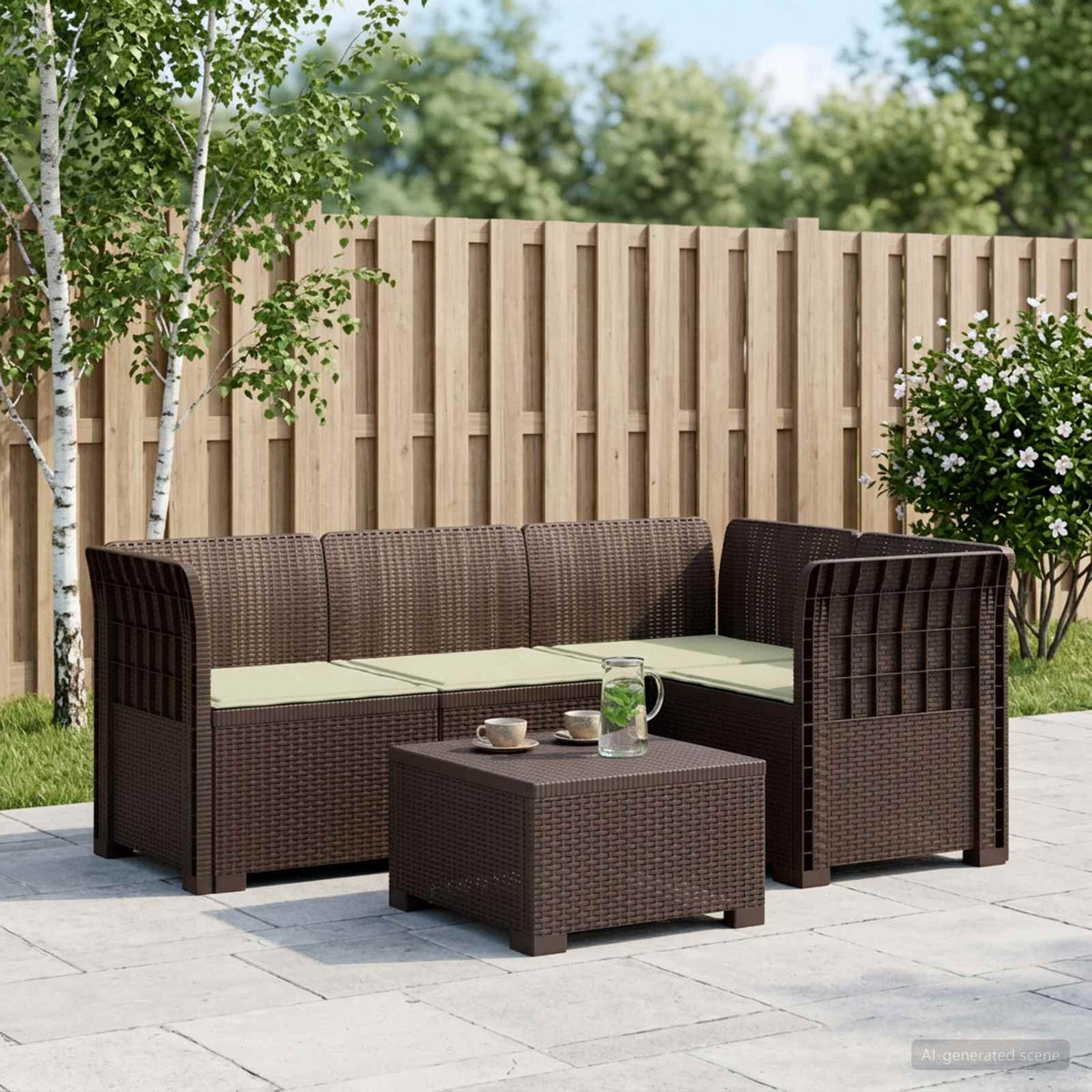 4-Seater Garden Sofa with Cushions Rattan Look PP Brown with Seat Cushion Brown and cream