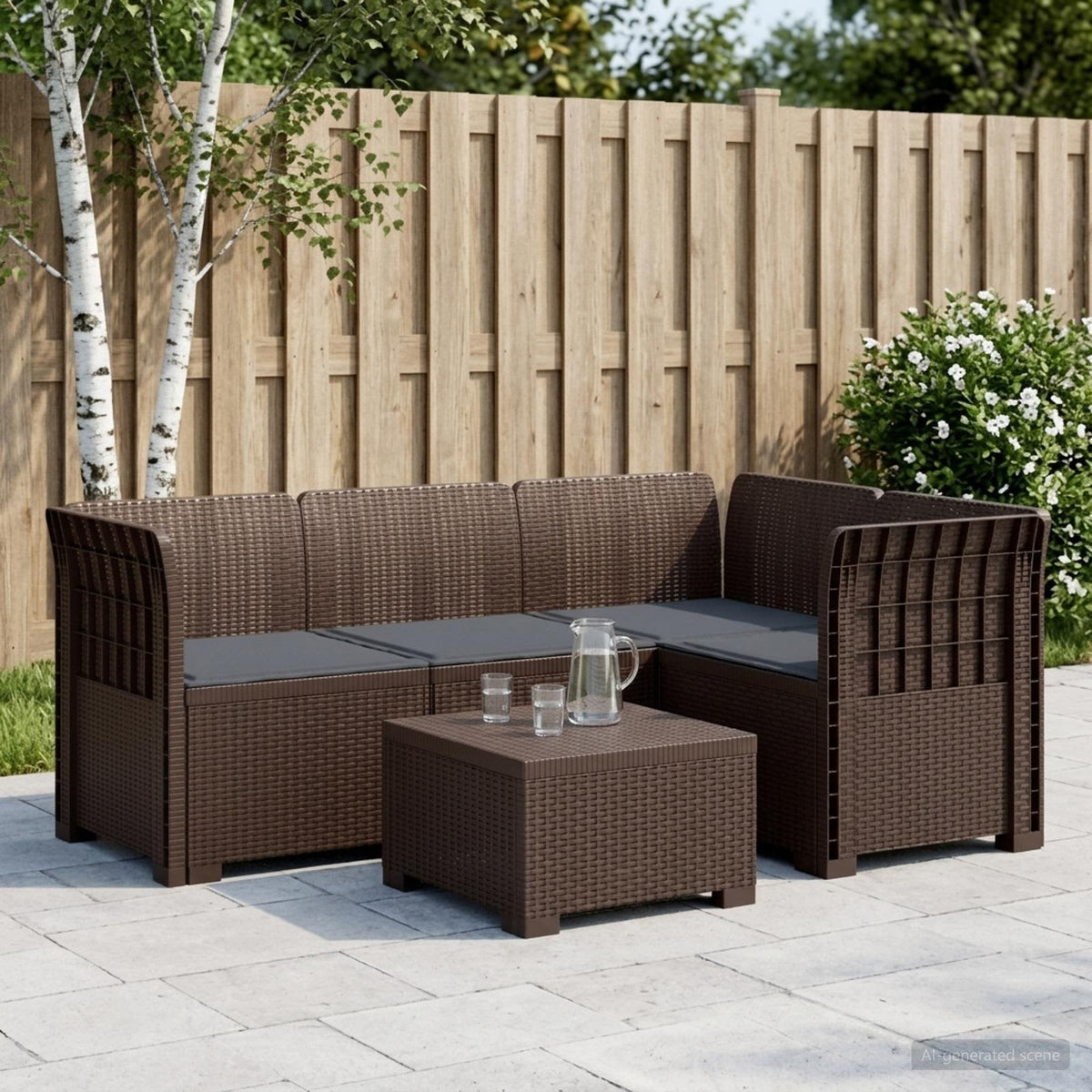 4-Seater Garden Sofa with Cushions Rattan Look PP Brown with Seat Cushion Brown and light grey