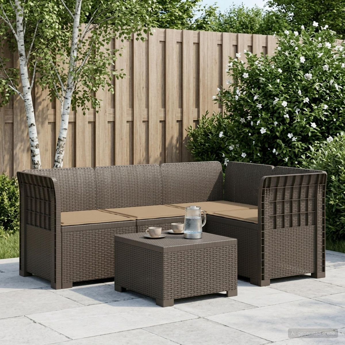 4-Seater Garden Sofa with Cushions Rattan Look PP Brown with Seat Cushion Light grey and taupe