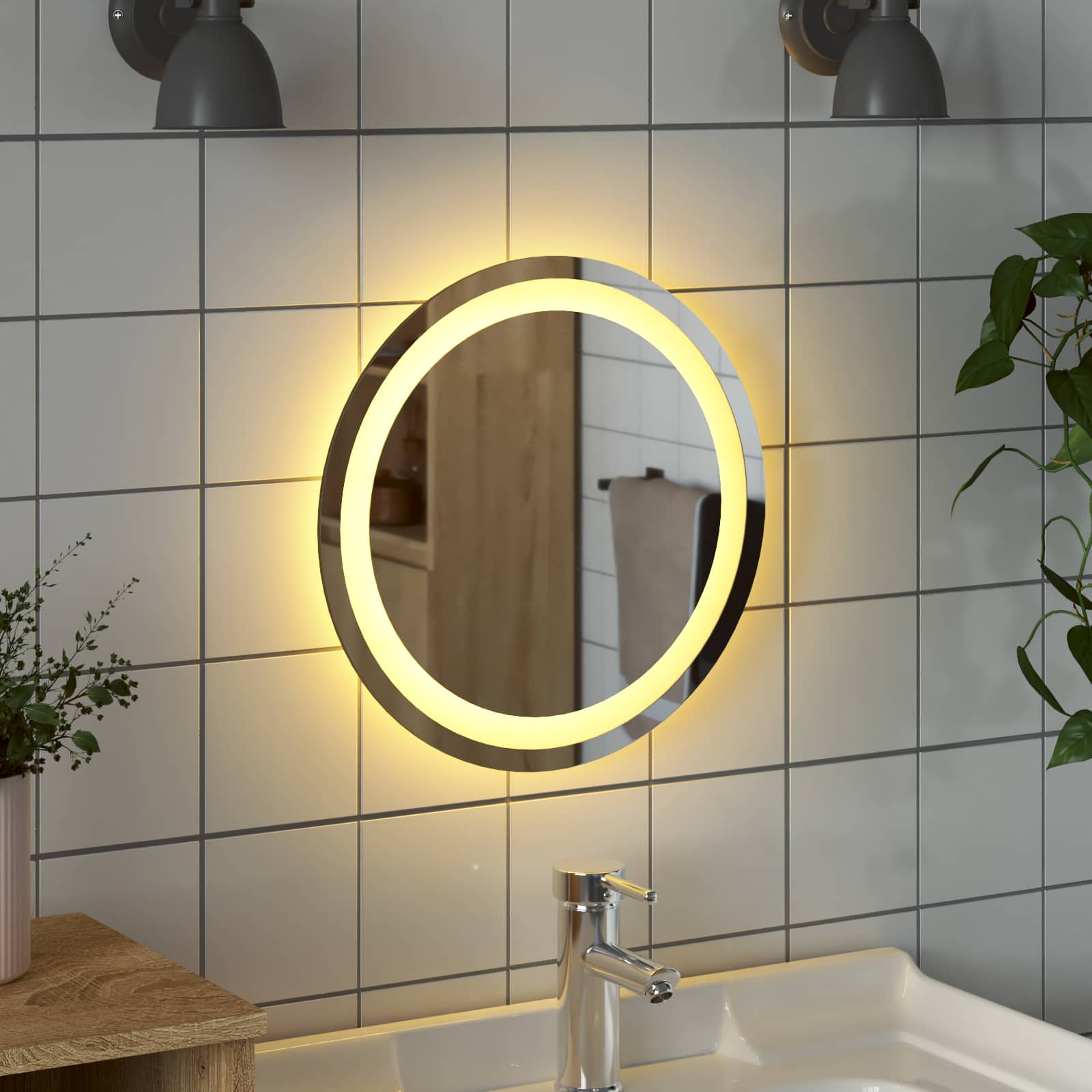 vidaXL LED Bathroom Mirror Transparent Ø 40 cm Tempered Glass 4