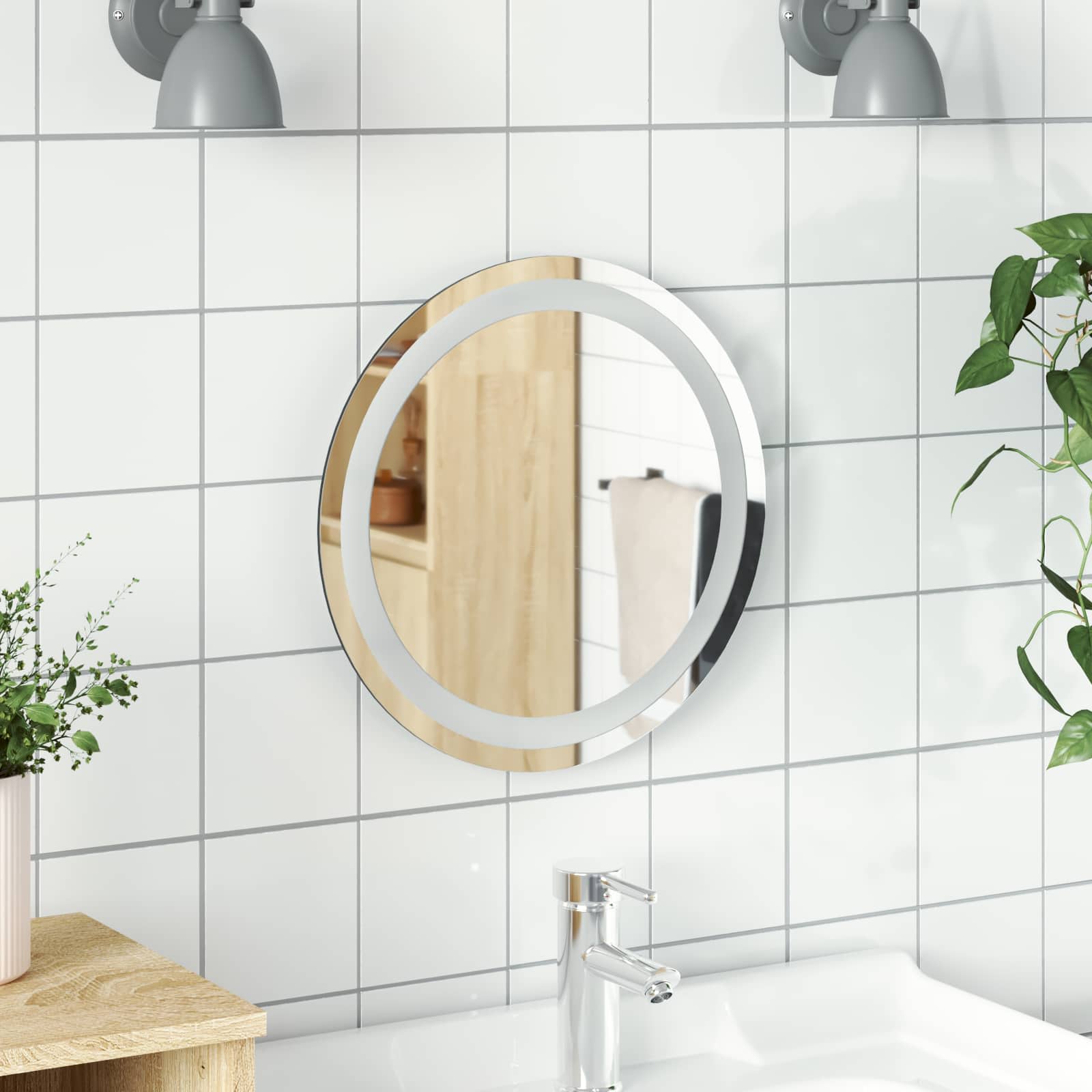 vidaXL LED Bathroom Mirror Transparent Ø 40 cm Tempered Glass 1