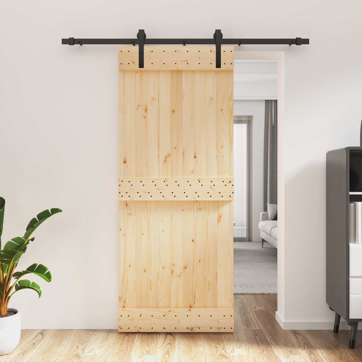 vidaXL Sliding Door Natural and Black 85 x 210 cm Solid Pine Wood 1