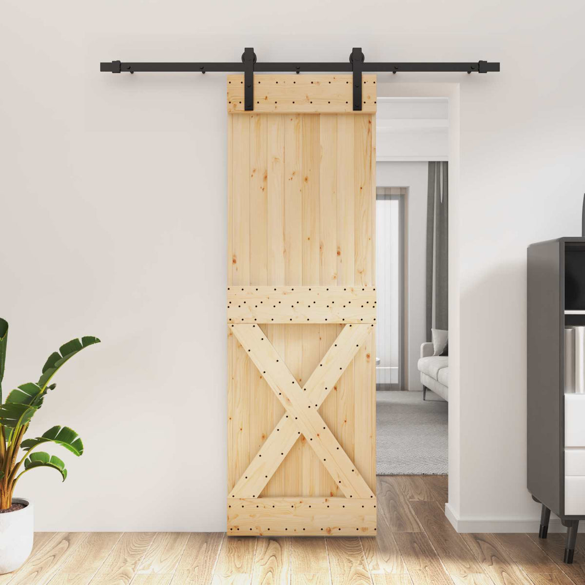 vidaXL Sliding Door Natural and Black 70 x 210 cm Solid Pine Wood 1