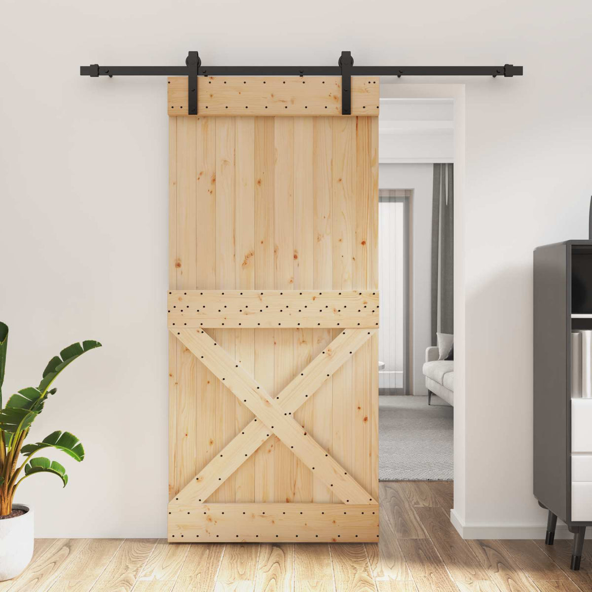 vidaXL Sliding Door Natural and Black 95 x 210 cm Solid Pine Wood 1