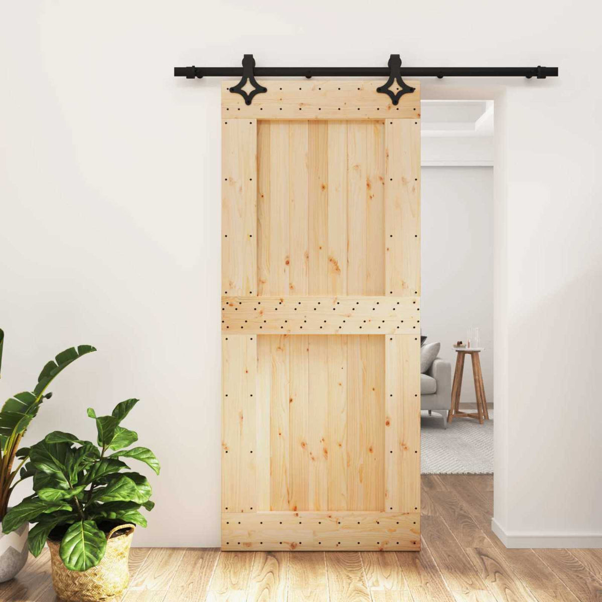 vidaXL Sliding Door Natural and Black Solid Pine Wood (Untreated) 1