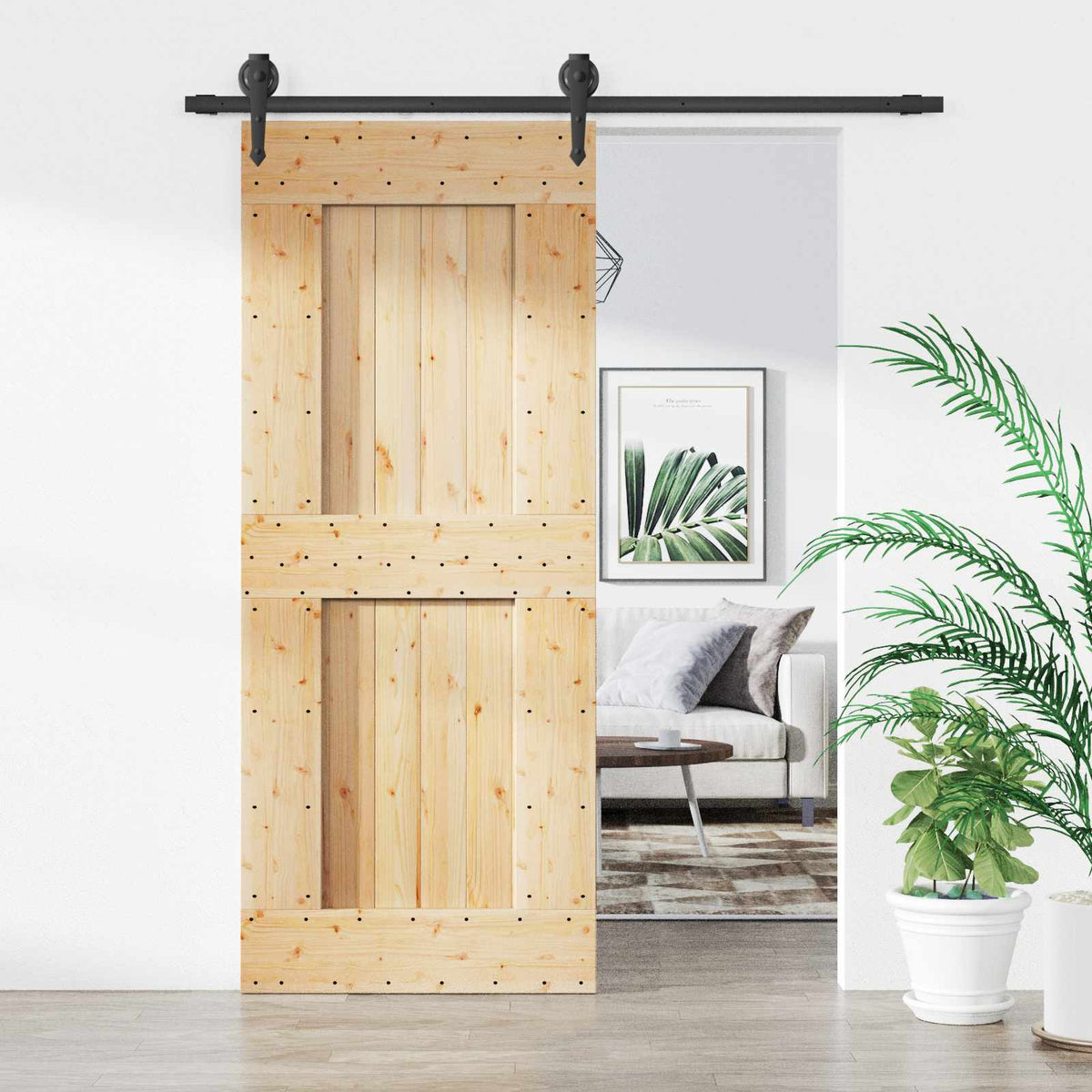 vidaXL Sliding Door Natural and Black 85 x 210 cm Solid Pine Wood 1