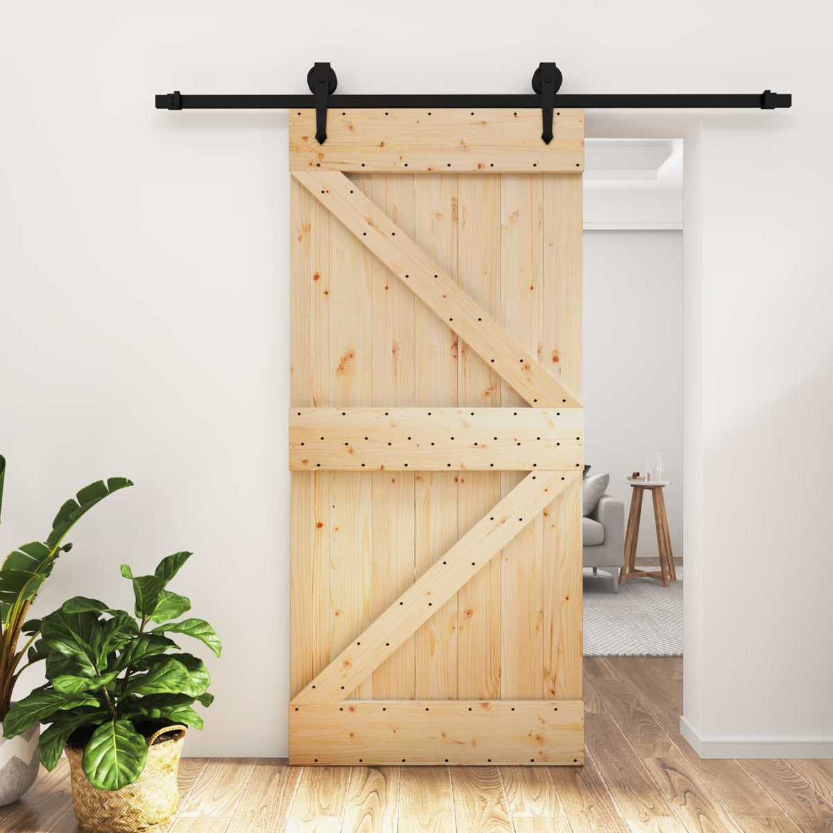 vidaXL Sliding Door Natural and Black 95 x 210 cm Solid Pine Wood 1