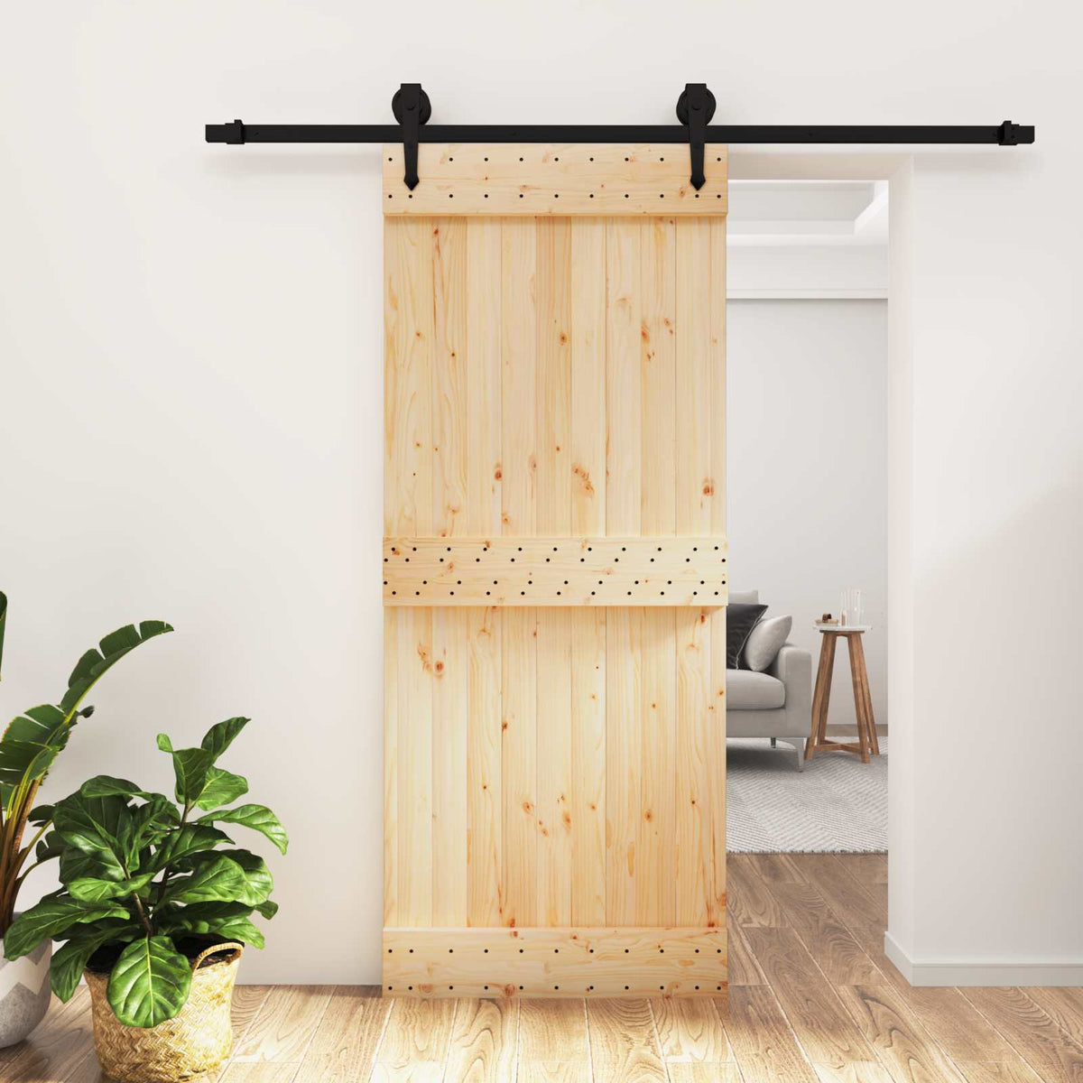 vidaXL Sliding Door Natural and Black 85 x 210 cm Solid Pine Wood 1