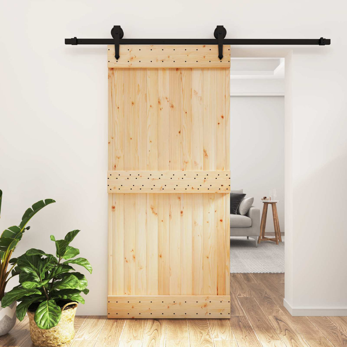 vidaXL Sliding Door Natural and Black 95 x 210 cm Solid Pine Wood 1