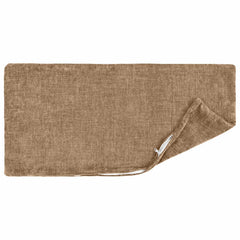 A brown chenille fabric throw pillow showing the zipper detail