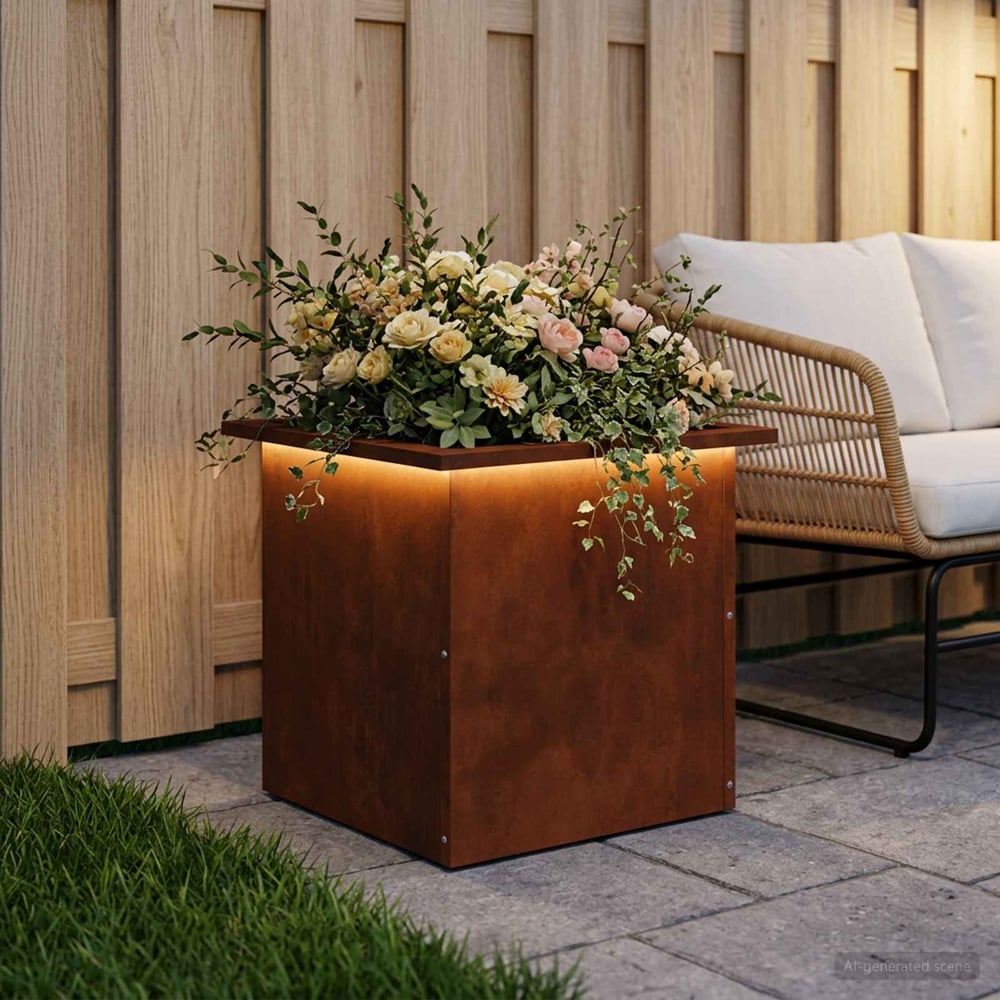 Garden Planter with LED 40 x 40 x 40 cm Steel Weathering steel
