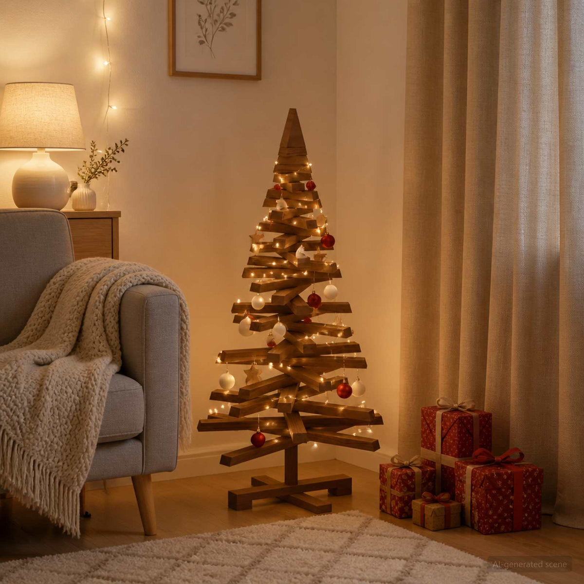 Wooden Christmas Tree KOTKA Solid Pine Wood Dark Brown Finish 90 cm