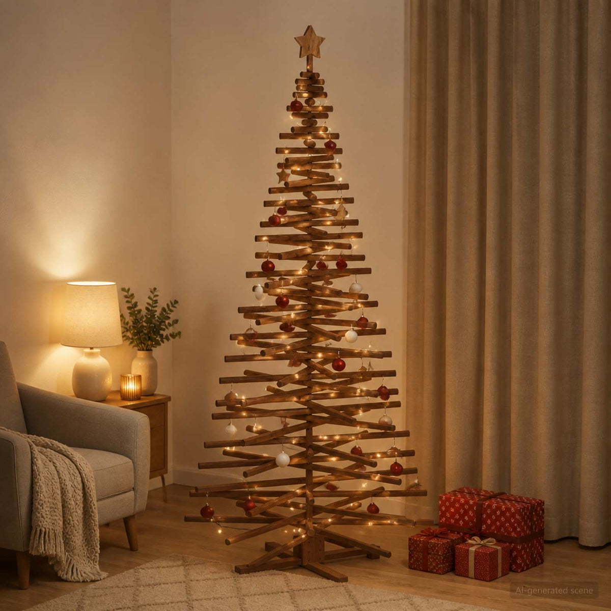 Wooden Christmas Tree KOTKA Solid Pine Wood Dark Brown Finish 210 cm