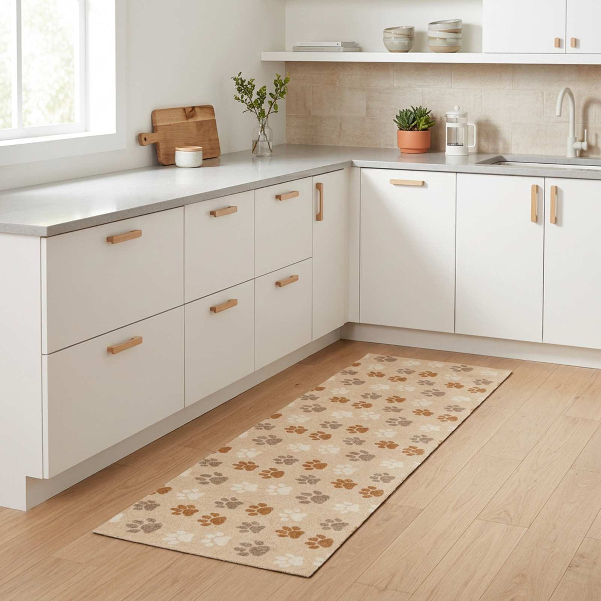 Kitchen Rug Beige Paws Polyamide Washable