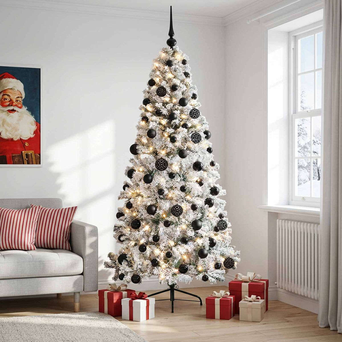 Artificial Christmas Tree with Bauble 300 LEDs 180 cm with LEDs & black balls