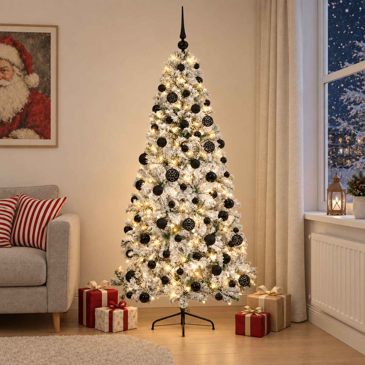 Artificial Christmas Tree with Bauble 300 LEDs 180 cm with LEDs & black balls