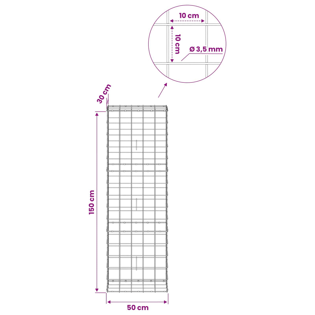 Gabion with 3.5 mm Wire and 10x10 cm Mesh 50x30x150 cm 50 cm