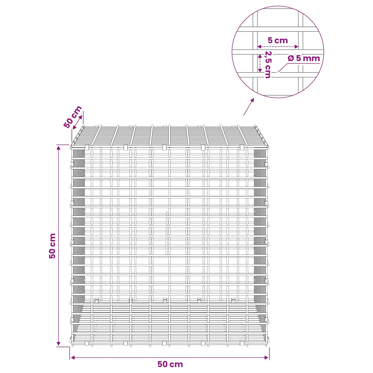 Gabion with 5 mm Wire and 5x2.5 cm Mesh 50x50x50 cm 50 cm