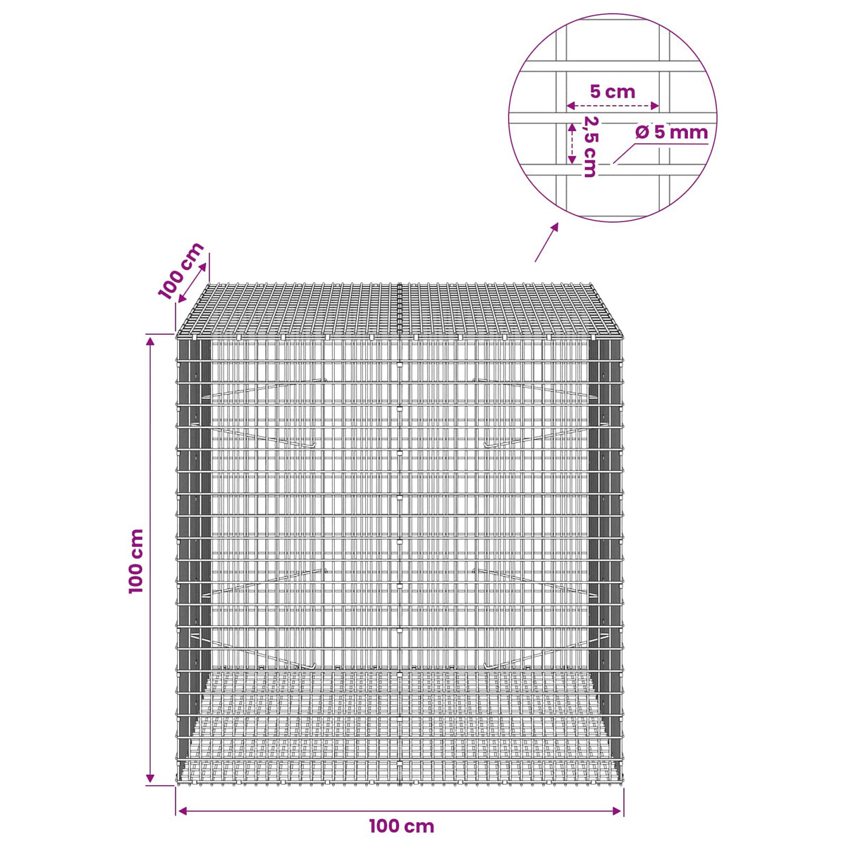 Gabion with 5 mm Wire and 5x2.5 cm Mesh 50x100x100 cm 100 cm