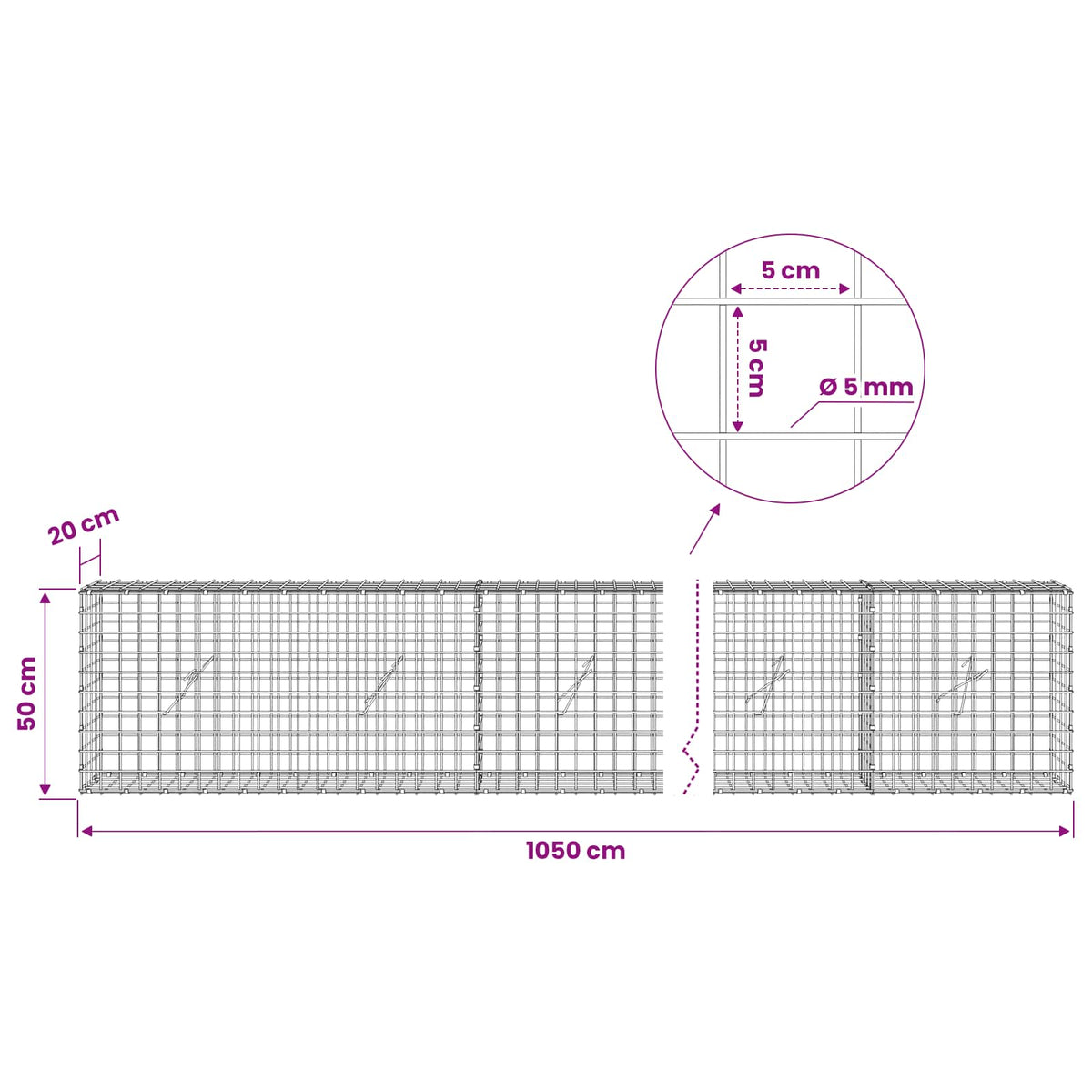 Gabion with 5 mm Wire and 5x5 cm Mesh 1050x20x50 cm 1050 cm