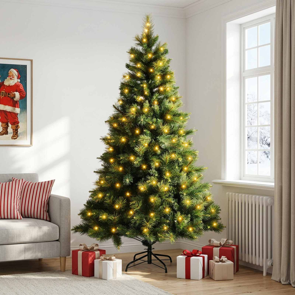 Artificial Christmas Tree with Bauble 300 LEDs Green Height 210 cm with LEDs
