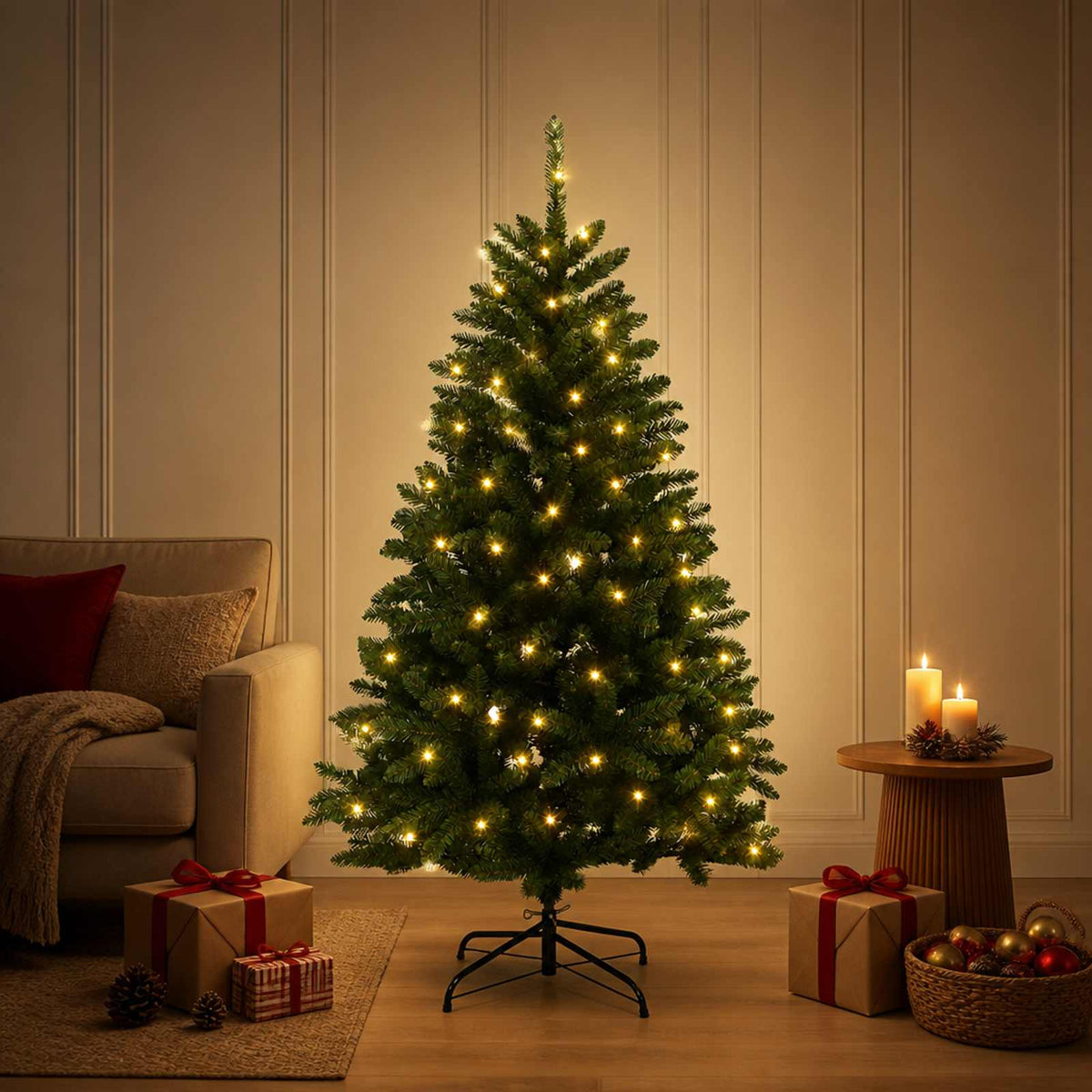 Artificial Christmas Tree Mid-green with Ornament 120 cm Medium Green Ø 88 x 120 cm with 150 LEDs
